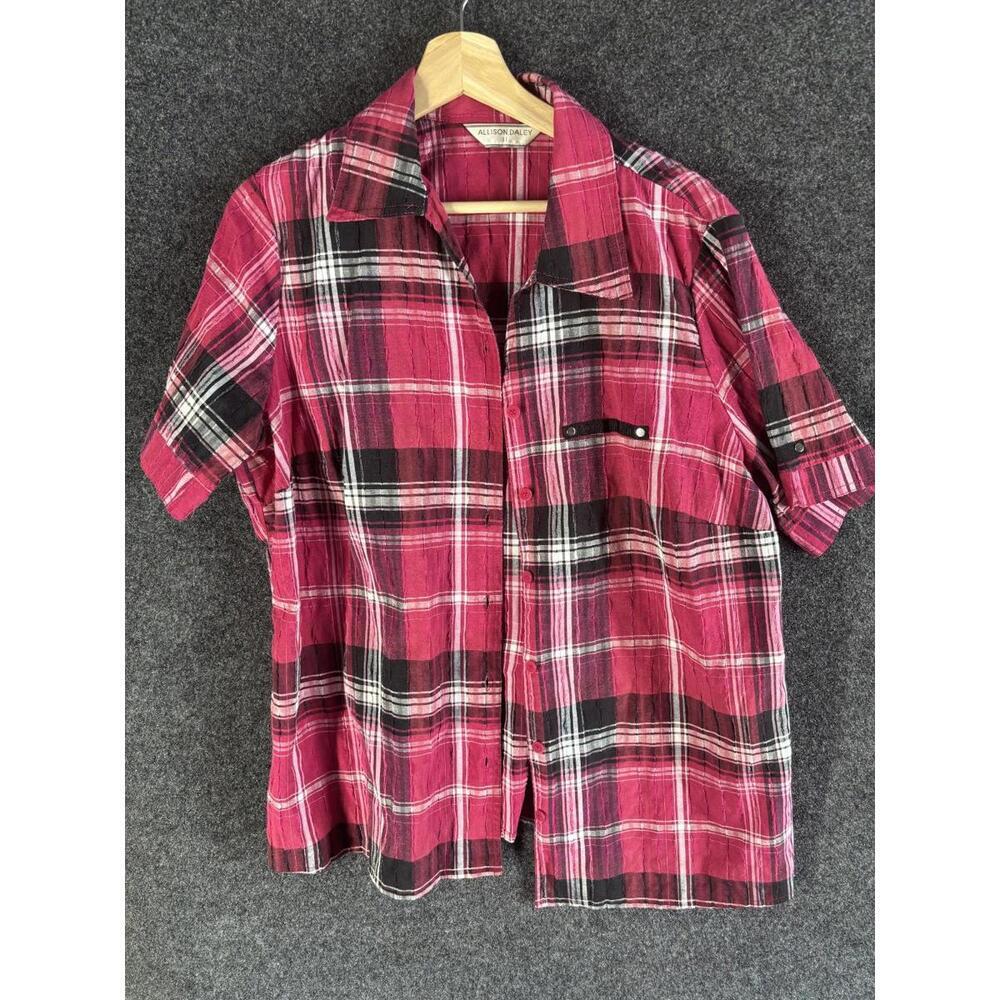Allison Daley Shirt Women M Medium Pink Plaid Button Up Collared Short Sleeve